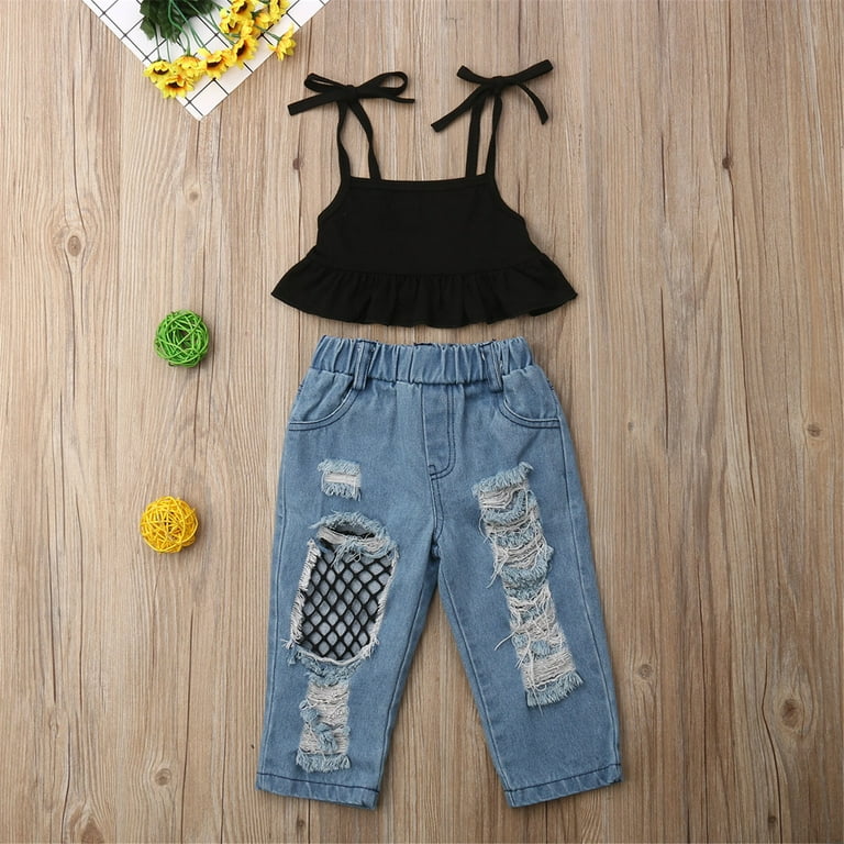 Toddler Newborn Kids Baby Girls Fashion 2PCS Outfit Set Sleeveless Solid  Color Vest Top and Ripped Jeans Set