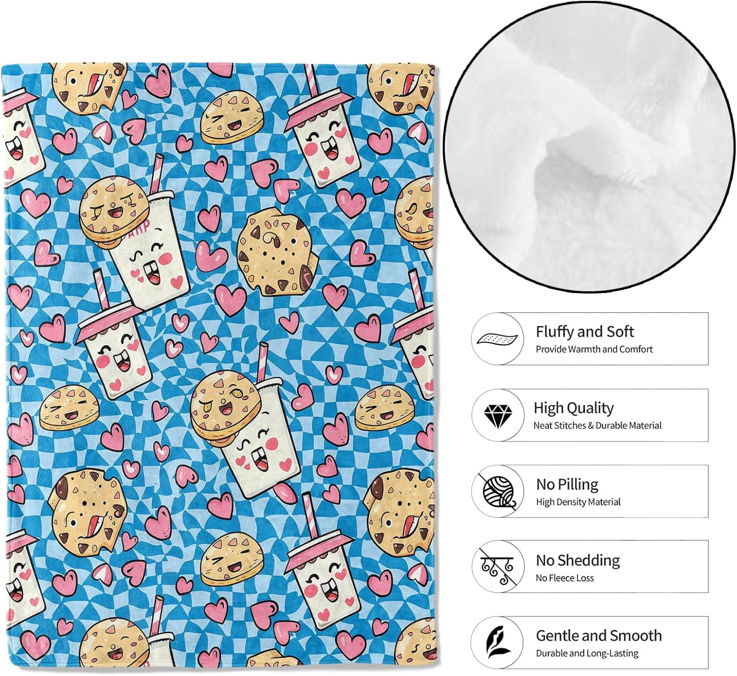 Cute Cookie Milk Blue Throw Blanket 40x50in, Soft Lightweight Flannel, Eccentric Food Milkshake Smile Cup Heart Blankets - Gifts for Adult, for Couch Office Travel Home Living Room Party Decor