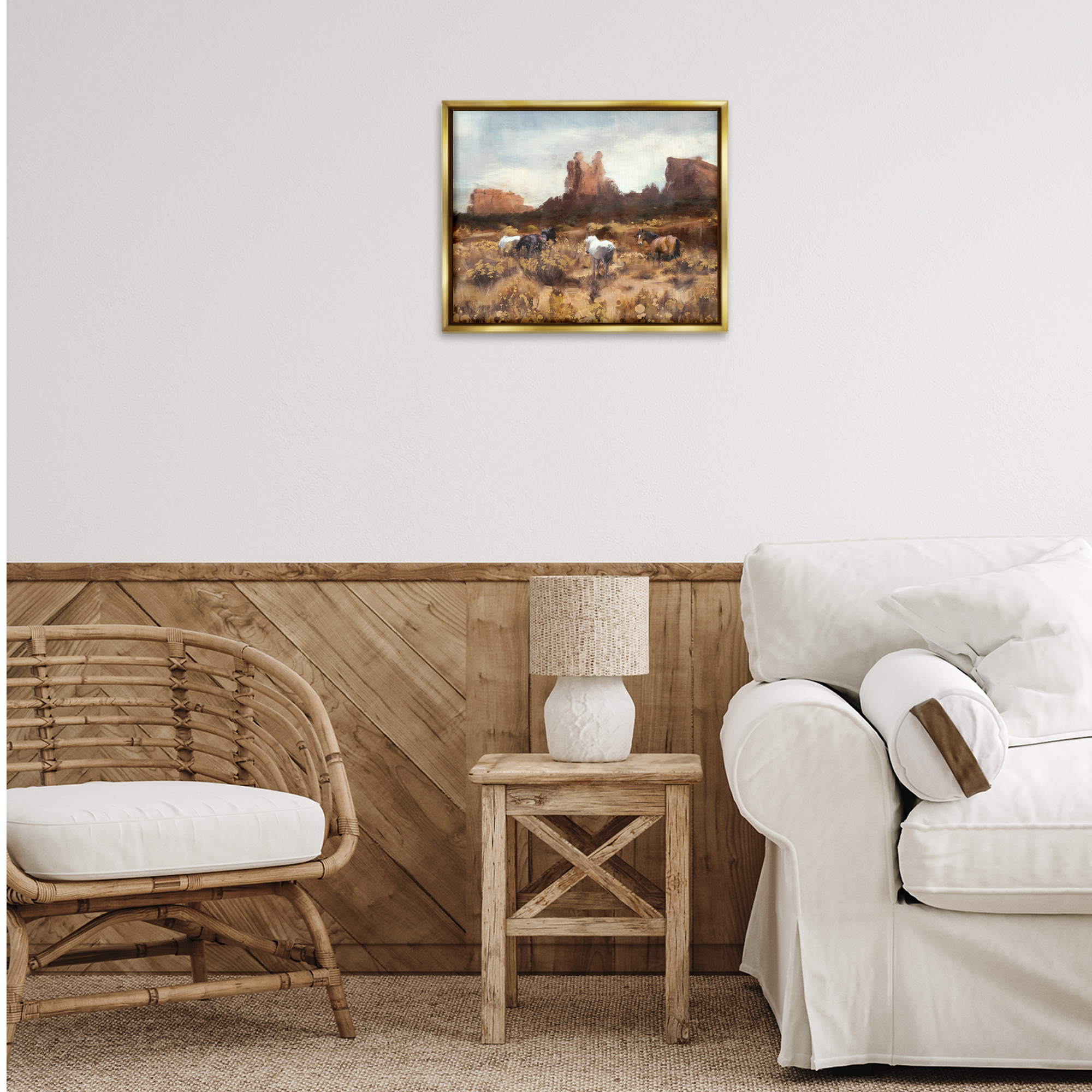 Stupell Industries Desert Horses Landscape Landscape Painting Gold Floater Framed Canvas Art Print Wall Art, 21 x 17