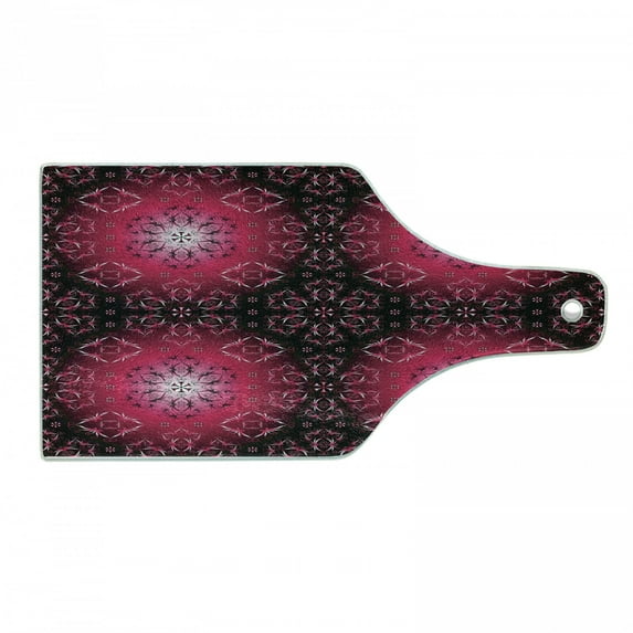 Purple Mandala Cutting Board, Vintage Psychedelic Ornamental Cosmos Essence Image, Decorative Tempered Glass Cutting and Serving Board, Wine Bottle Shape, Maroon Hot Pink, by Ambesonne