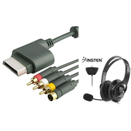 Xbox 360 Headset with Mic by Insten For Xbox 360 / Xbox 360 Slim - Black Gaming Headset with Noise Canceling Mic Microphone + S-Video AV Cable