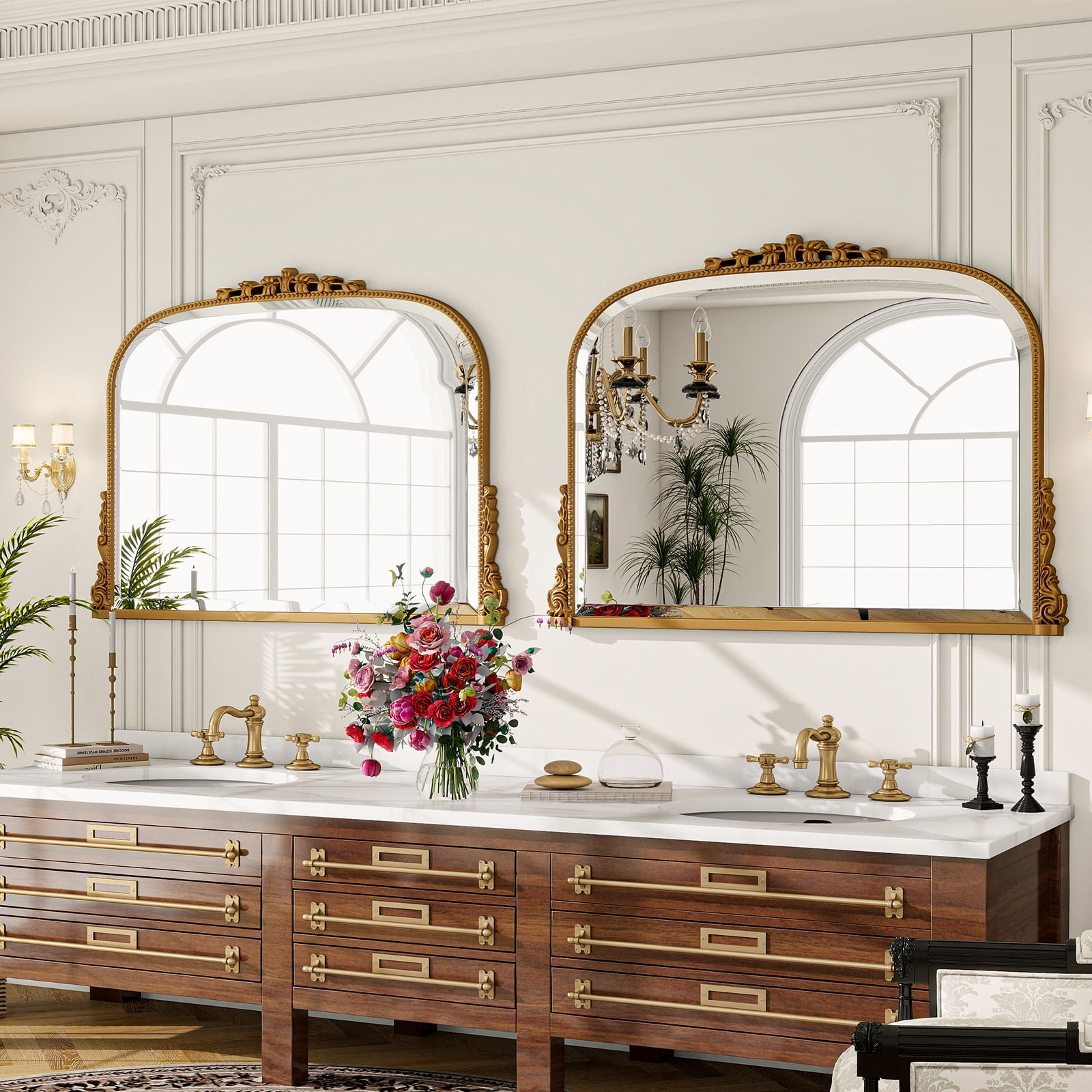 AUROMIR 32"x44" Antique Bathroom Arched Mirror Traditional Baroque Wall Vintage Mirror,Gold