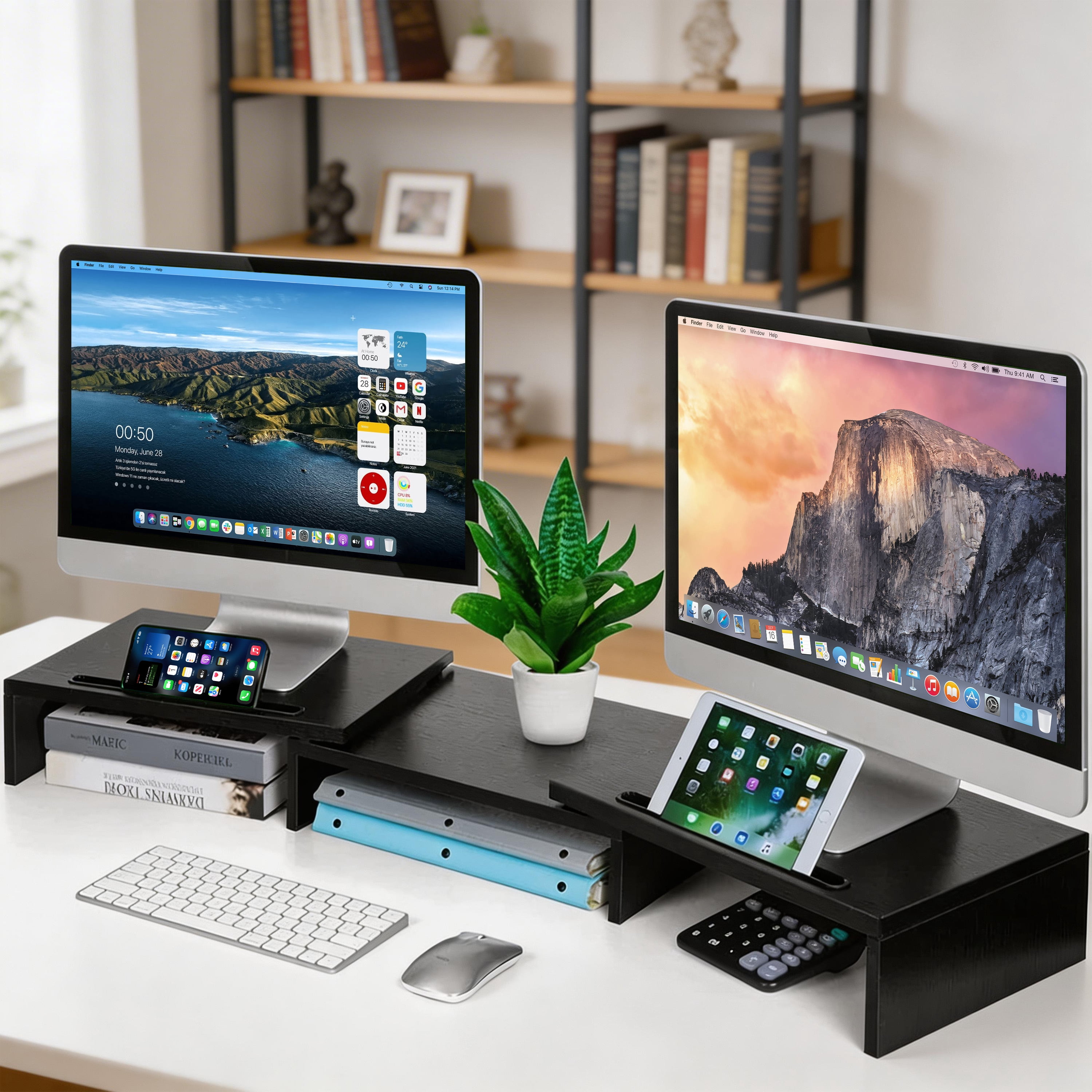 Behome Monitor Riser, Dual Monitor Stand Riser for 2 Monitors, Adjustable Length and Angle with 2 Slot, Computer Monitor Stand for Screen, Computer, Printer (Black)