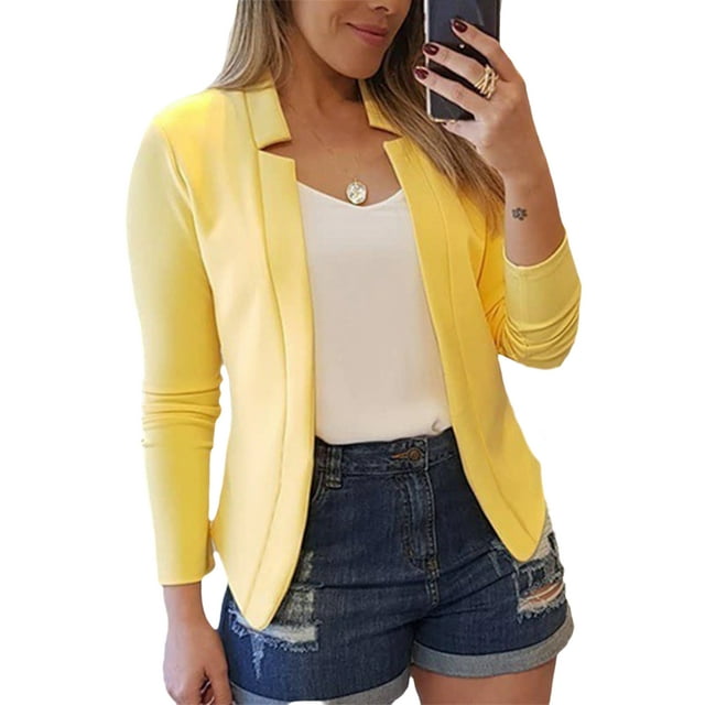 Innerwin Blazers à Manches Longues pour Femmes, Veste Cardigan de Bureau, Col Montant, Courte, Affaires, Jaune 4TG