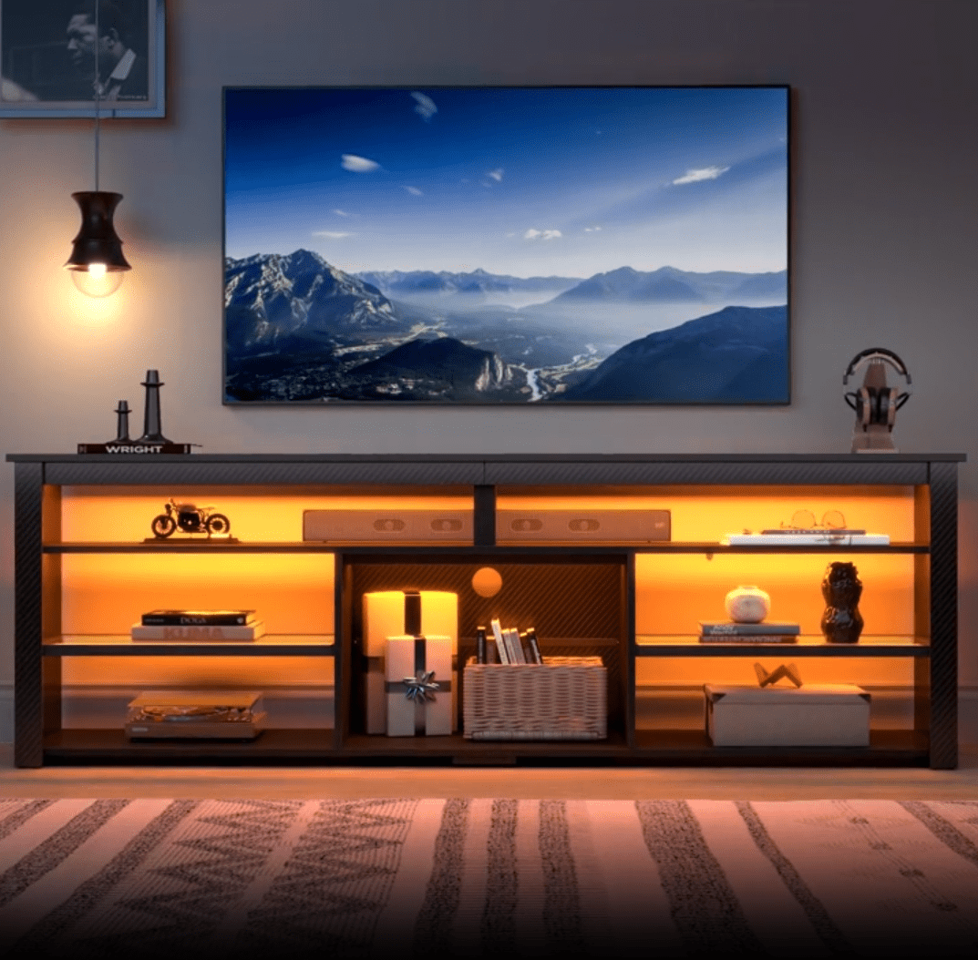 Bestier LED TV Stand for 75" TVs,Gaming Entertainment Center for PS5,Modern TV Stand for Living Room,Tall TV Stand with Storage Shelves,Carbon Fiber Black