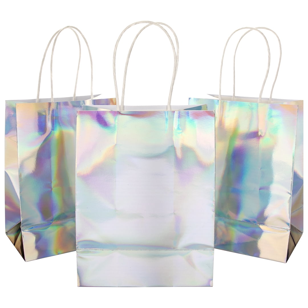 Koyal Wholesale Iridescent Party Bags with Handles, 5.75 x 7.75 inches, 25 Pack Holographic Silver Foil Gift Bags