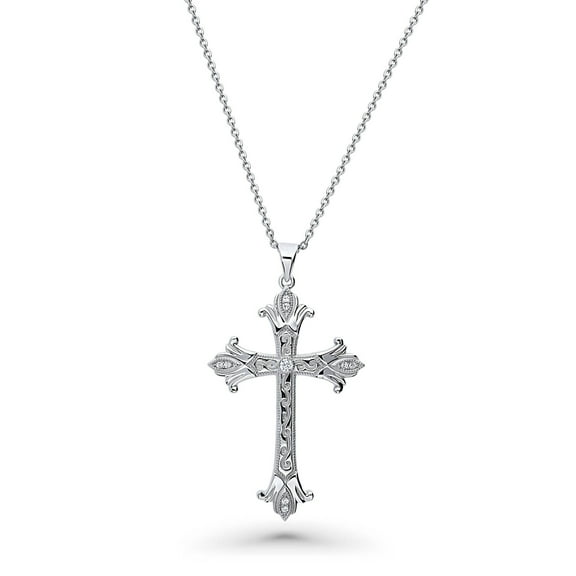 BERRICLE Sterling Silver Cross Cubic Zirconia CZ Milgrain Pendant Necklace for Unisex, Rhodium Plated 18 inch