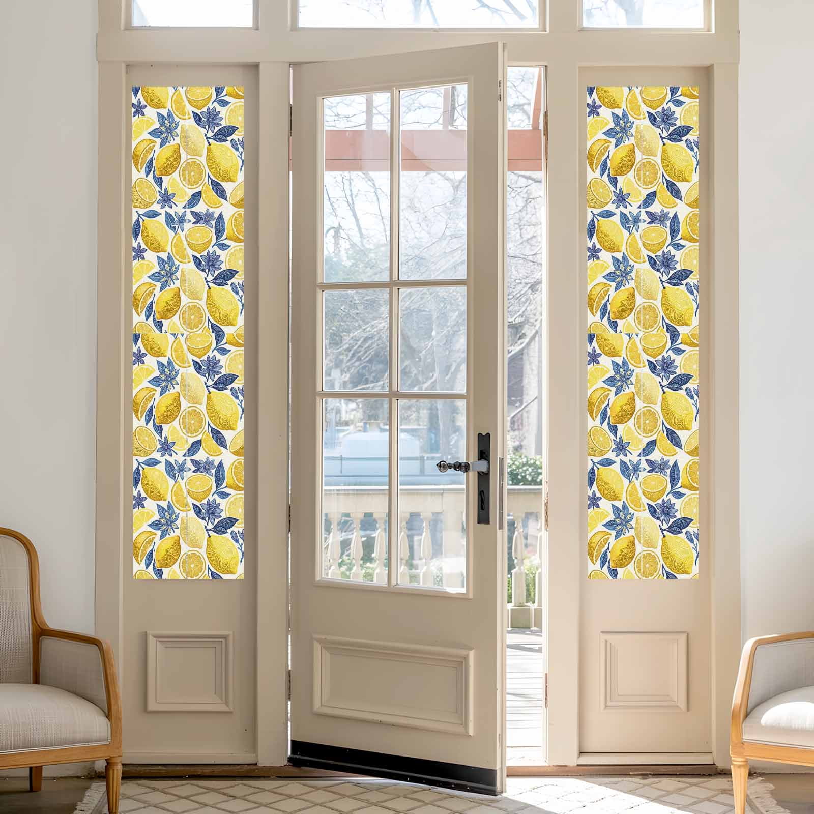 Summer Fruit Window Privacy Film, Watercolor Yellow Lemon Blue Flowers Rustic Frosted Glass Window Clings Static Cling UV Heat Blocking Reusable Door Sticker for Bathroom 29.5 x 118 Inch