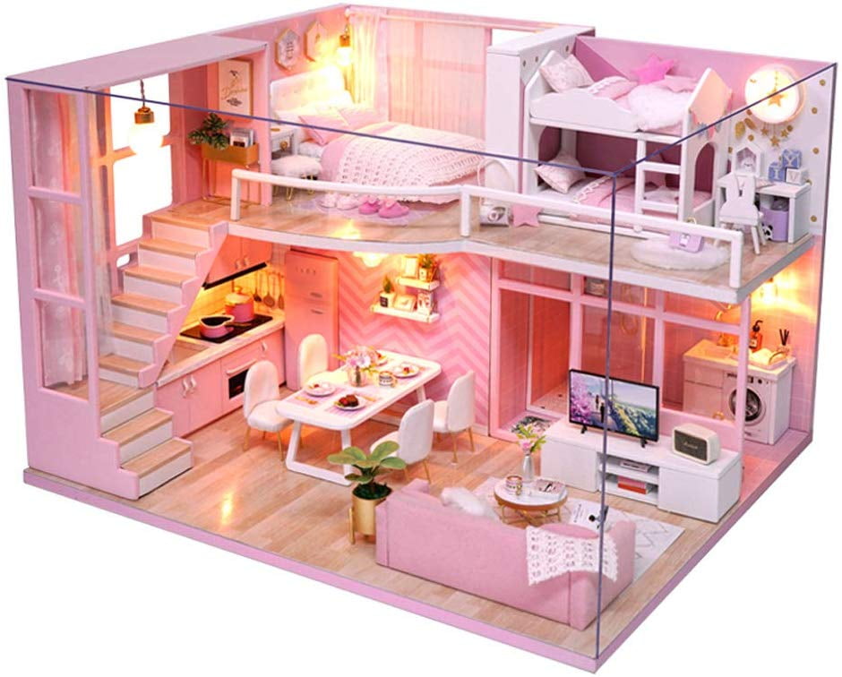 DIY Dollhouse Kit Plus Dust Proof and Music Movement 1:24 Scale Creative Room Idea Brown Dollhouse Miniature with Furniture