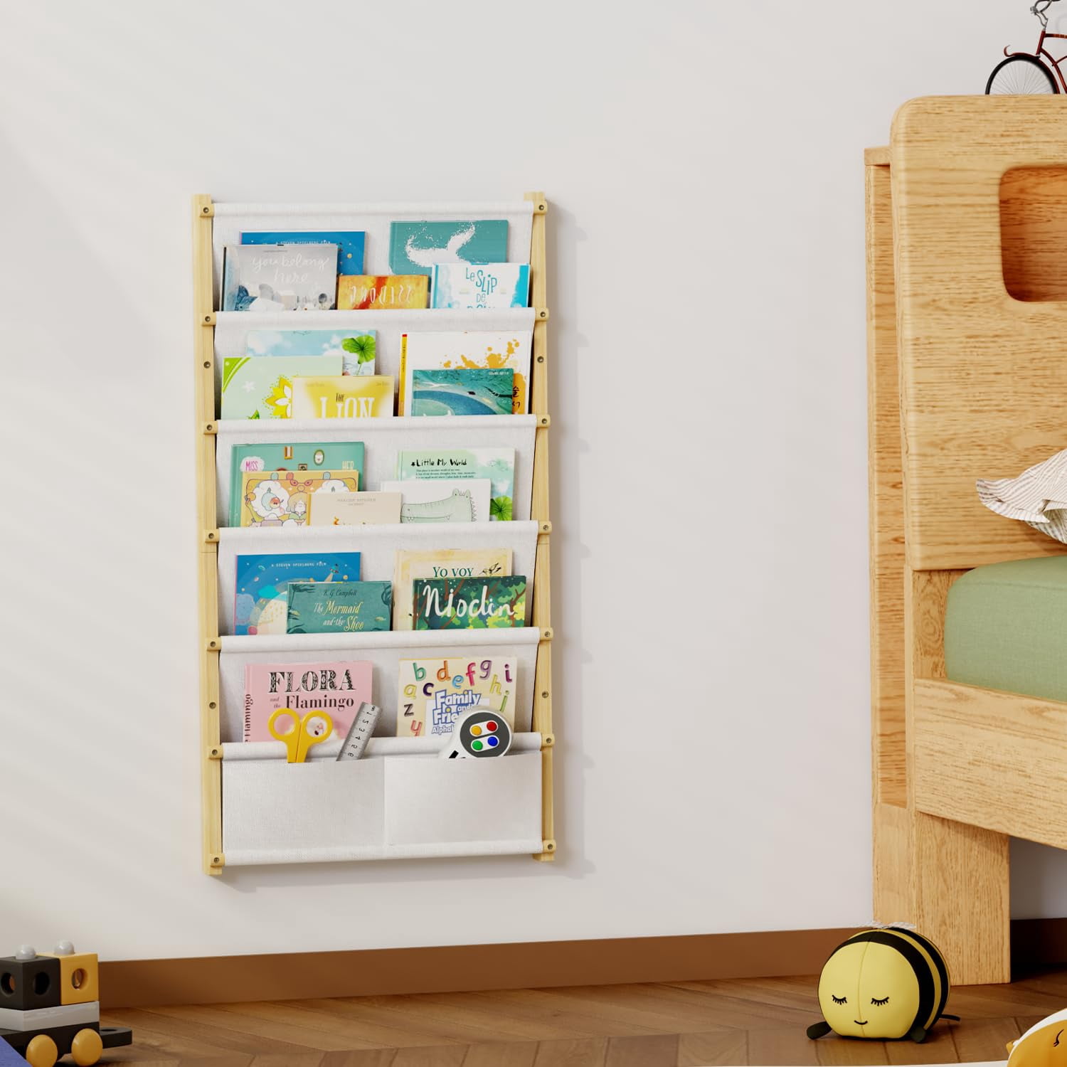 Wood 6-Tier Wall Mounted Kids Bookshelf – Montessori Floating Book Shelf For Kids Rooms, Classroom, Hanging Bookcase Organizer For Books, Toddler Book Shelf, Nursery Shelves (Small)