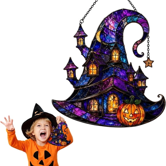 YLOHUIL Halloween Witch Hat Window Hanging Ornament with Pumpkin Decor and Chain, Spooky Wall Door Decor for Porch and Indoor Display