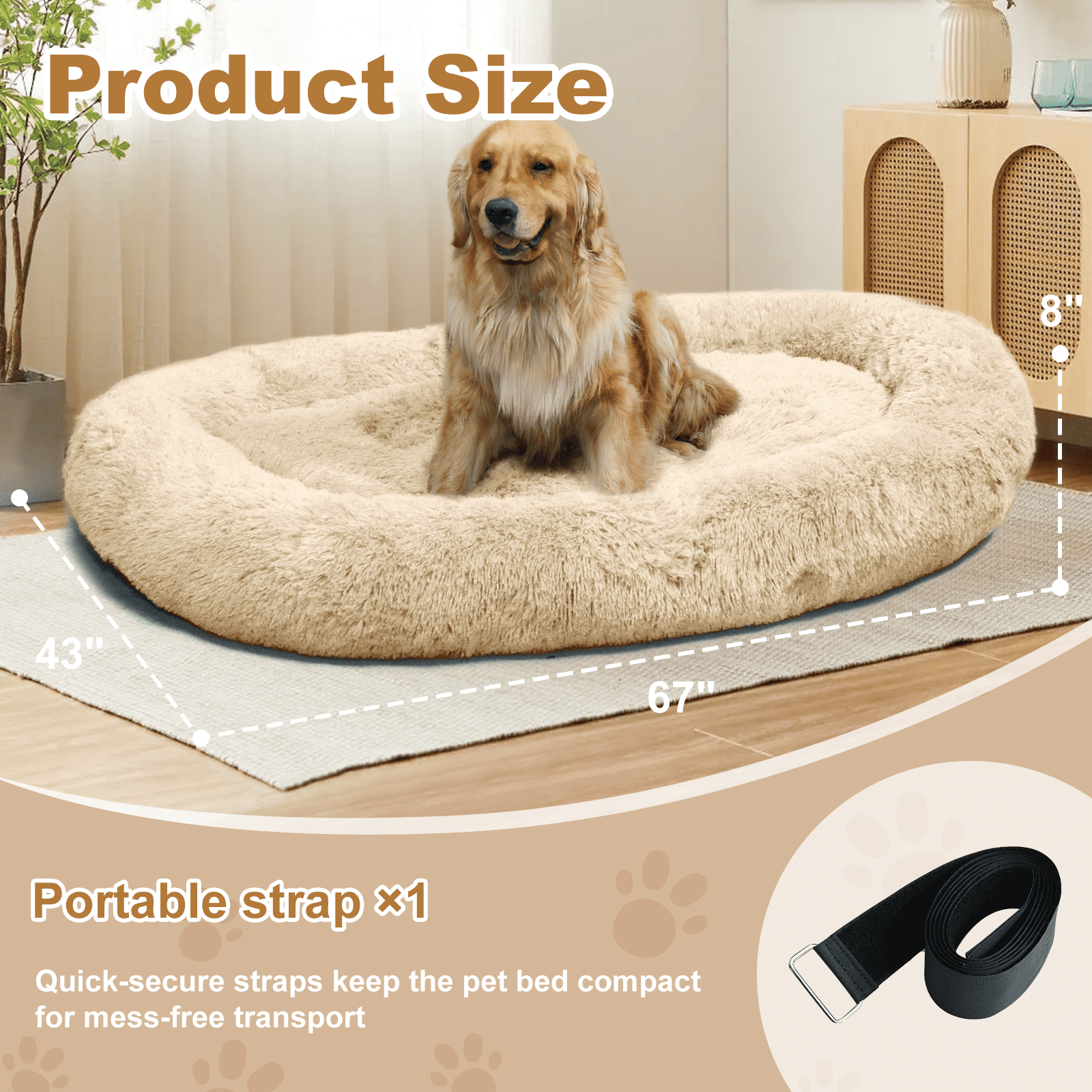 Extra Large 67" X 43" X 8" Orthopedic Pet Bed For Humans And Dogs, Plush High-Loft Mattress With Removable Handles & Non-Slip Bottom - Beige