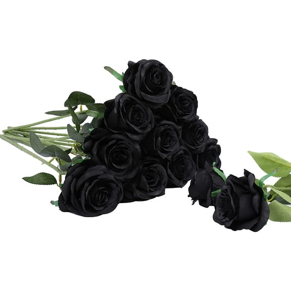 12 Pcs Artificial Silk Rose Flower, Faux Fake Long Stems Rose Bouquet for Wedding Arrangement Decoration, Bridal Bouquet, Party, Office, Home Décor(Black)