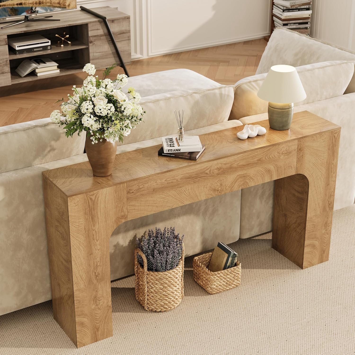 63 Inch Farmhouse Long Console Table, Wooden Sofa Table for Behind Couch, Entryway Furniture for Living Room or Hallway, Foyer Accent in Ring Oak