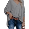 thumbnail image 2 of Qarigey Camisa de mujer con cuello en V Blusa suelta Manga larga Color sólido Top casual Prendas para la parte del cuerpo Gris M, 2 of 6