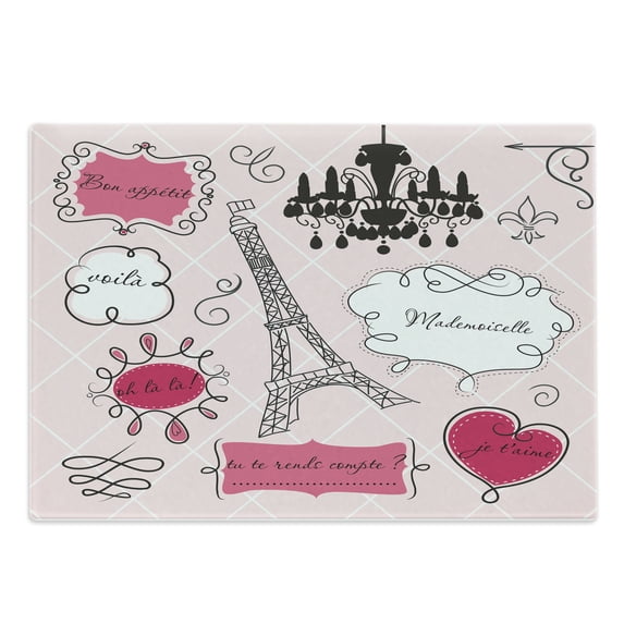 Teen Room Cutting Board, Doodle Frames in French Style Rococo Baroque Lantern Mademoiselle Print, Decorative Tempered Glass Cutting and Serving Board, Large Size, Hot Pink and Black, by Ambesonne