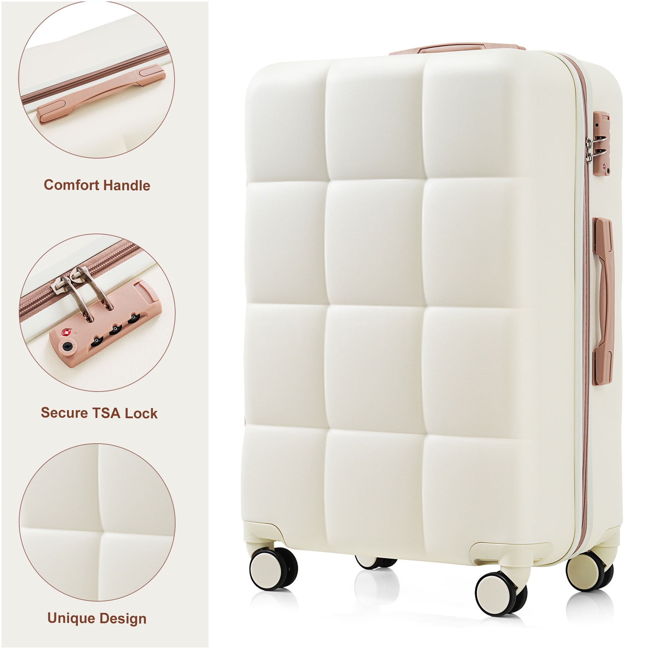 JERFIT 3-Piece White & Gold ABS Hard Shell Luggage Set with Cup Holder, 360° Spinner Wheels, Airline Approved Carry-On Suitcase