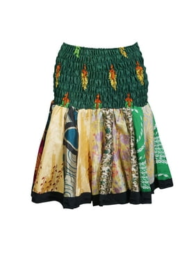 Mogul Womens Colorful Vintage Silk Printed Boho Mini Flirty Skirts Full Flare Ruched Waist Flowy Swing Short Skirts S/M/L