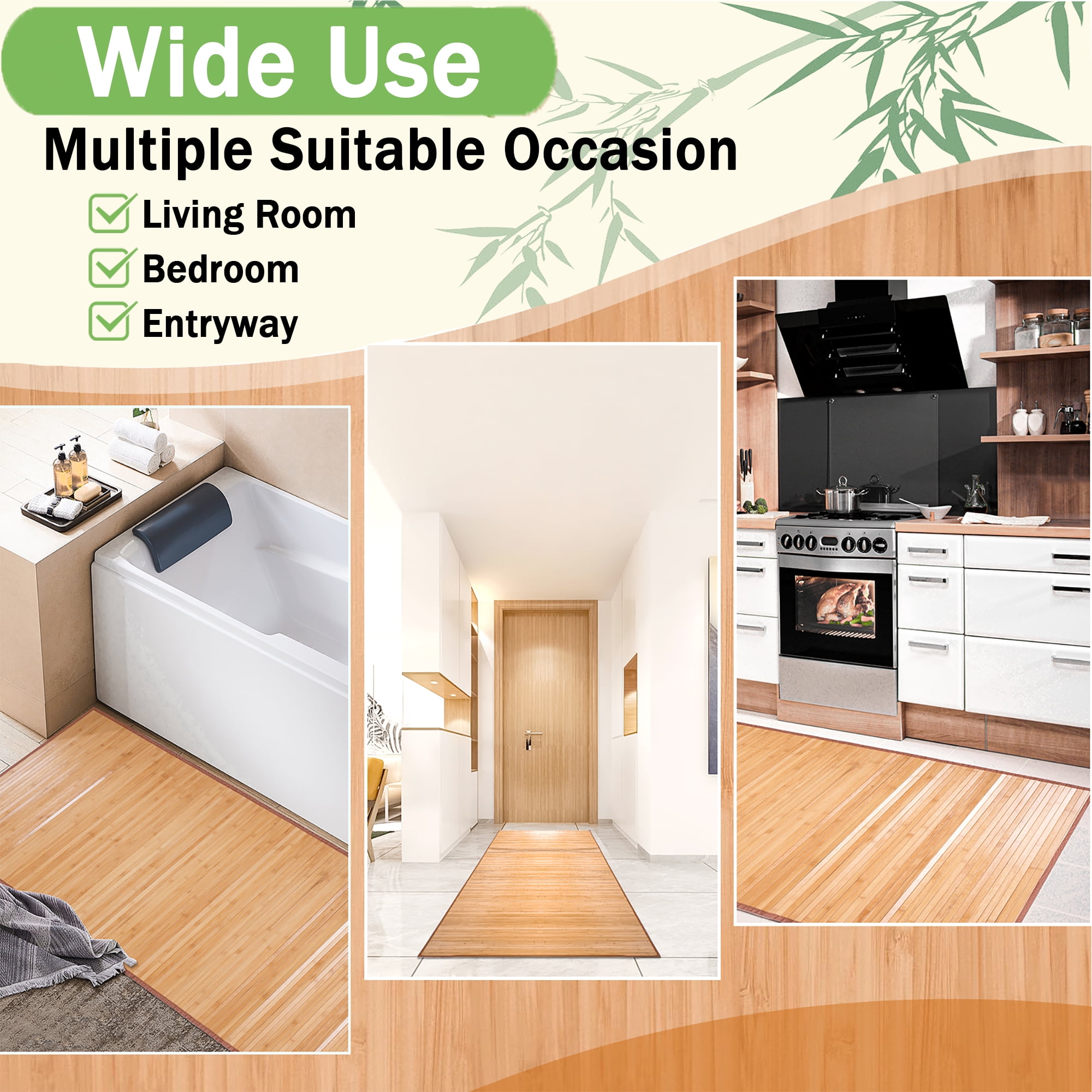 WANLISELL Natural Bamboo Area Rug, 29.5'' x 79'' Non Slip Bamboo Floor Mat, Easy Cleaning Bamboo Bathroom Mat Kitchen Floor Runner