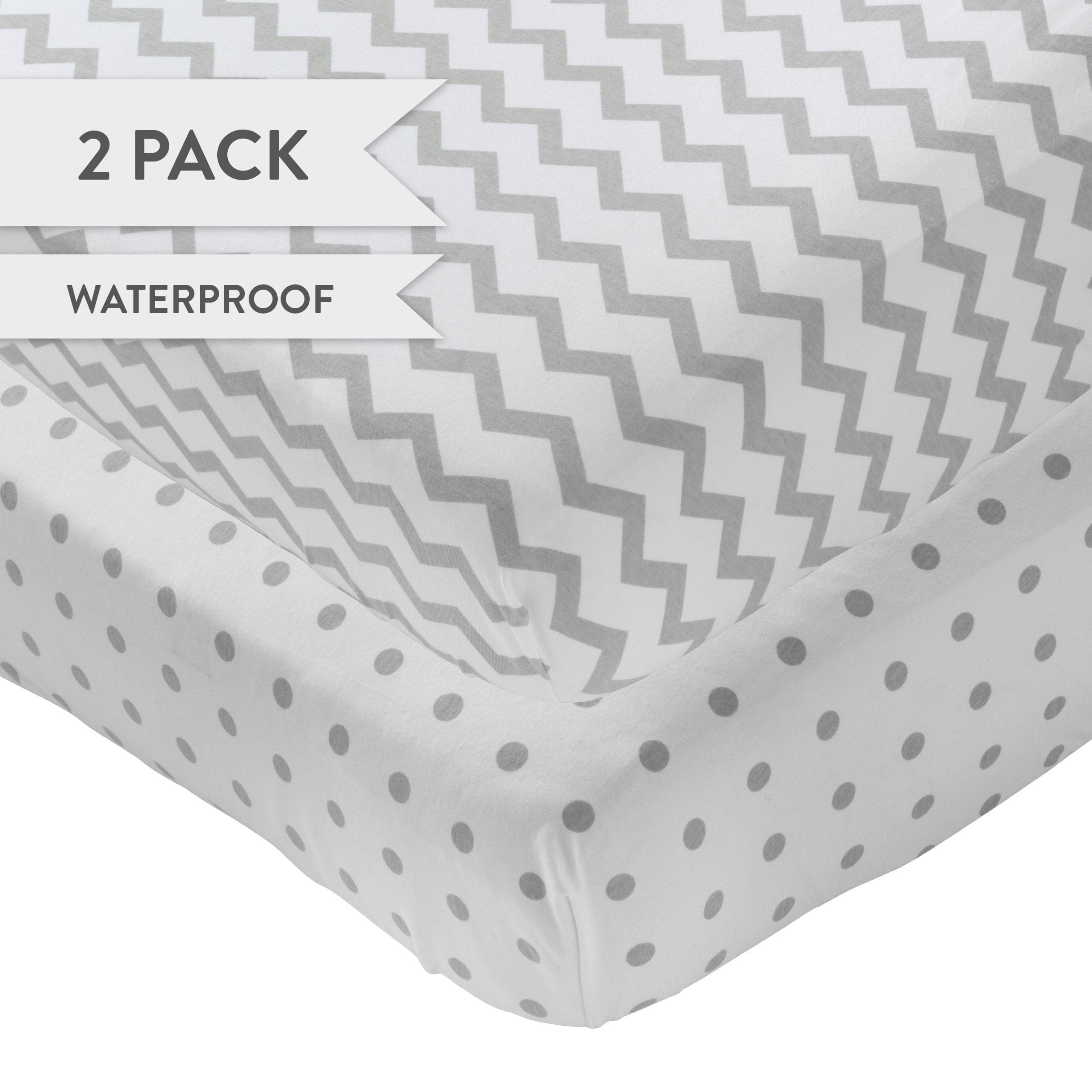 Waterproof Playard Pack n Play Portable Mini Crib Sheet with Mattress Pad Cover Protection 2 Pack White and Pink Chevron and Polka Dots