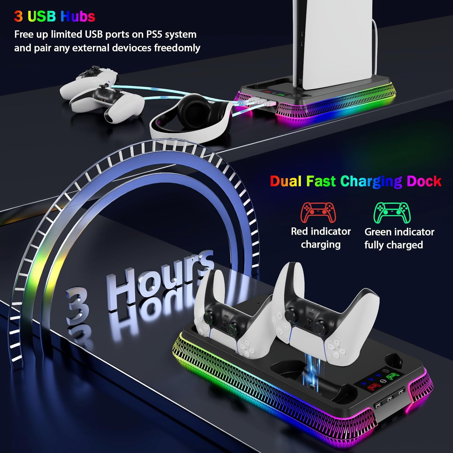 PS5/Slim/Pro Cooling Station for PlayStation 5 Console,PS5 Cooler Fan with Dual PS5 Controller Charger Incl. 3 Level Fans,Headset,USB Hubs,PS5/Slim Stand for PlayStation 5 Accessories