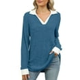 thumbnail image 3 of Womens Contrast Collar Top Long Sleeve Ribbed Knit Lightweight Fall Comfort Sweater, 3 of 9