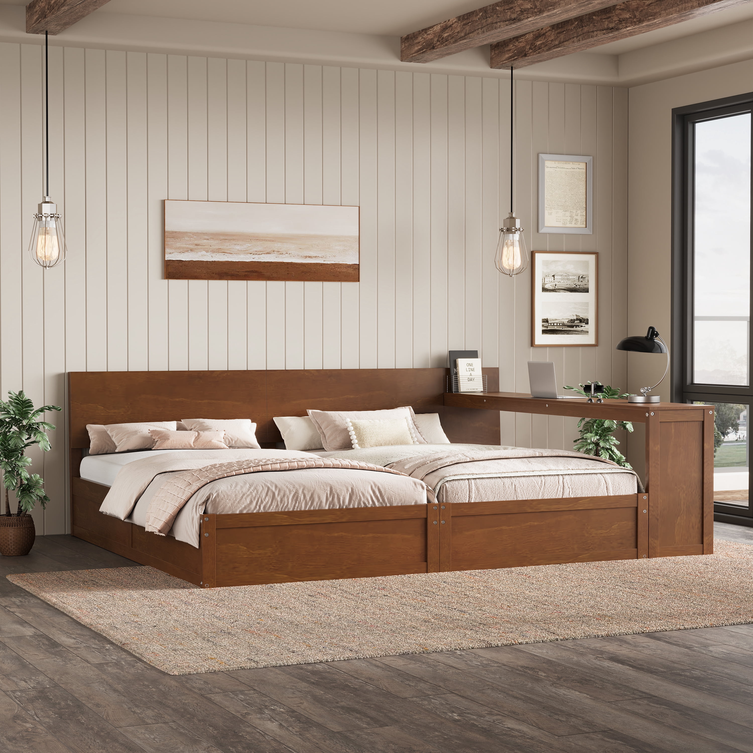 Mintazer Twin Size Double Platform Bed Frame with Adjustable Middle Storage Desk, 2 Twin Beds with Movable Workstation for Kids Teen Shared Bedroom Guest Room, Walnut