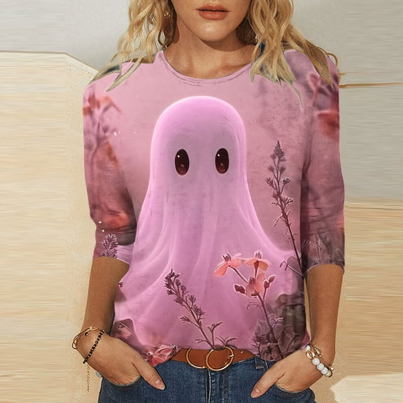 LEKWK Halloween Shirts for Women Plus Size 3/4 Sleeve Cute Graphic T-Shirt Loose Fit Oversized Top Holiday Party Halloween Costume,Size S-5Xl