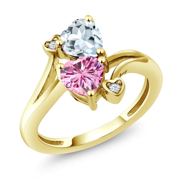 Gem Stone King 10K Yellow Gold Ring Heart Shape Sky Blue Aquamarine and Vivid Pink Moissanite (1.56 Cttw, Size 9)