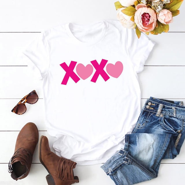 Hauts d'Été Grande Taille pour Femmes Mode Décontractée Amour Col Rond T-Shirt Manches Courtes Col en V T-Shirt Femmes en Liquidation