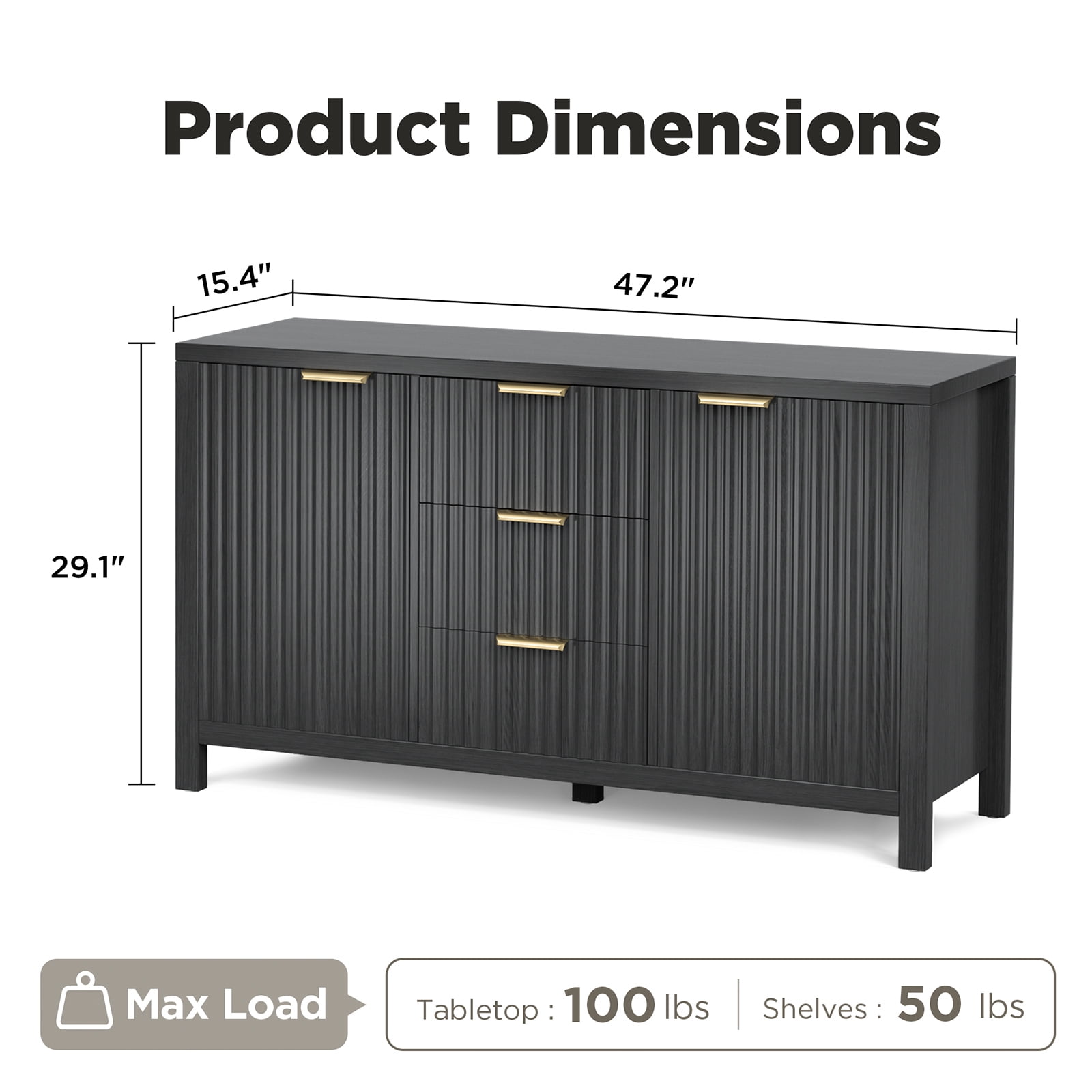 Hommoo Modern Sideboard Storage Cabinet, Fluted Credenza Buffet Cabinet with 2 Doors and 3 Drawers, for Kitchen and Living Room, Black