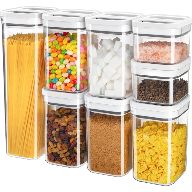 MR.SIGA 8 Piece Airtight Food Storage Container Set, BPA Free Kitchen Pantry Organization Canisters, One-Handed Airtight Plastic Containers with Lids for Cereal, Spaghettie, Pasta,White