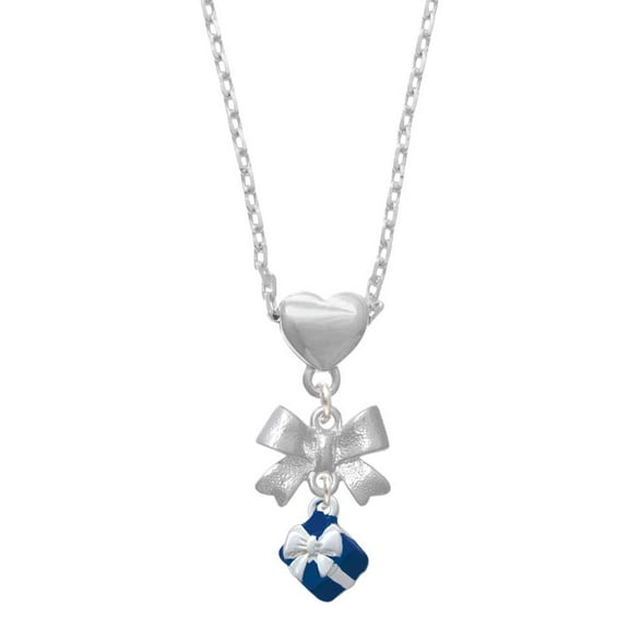Delight Jewelry Silvertone Small 3-D Blue Present Box with Bow Silver tone Bow Heart Necklace