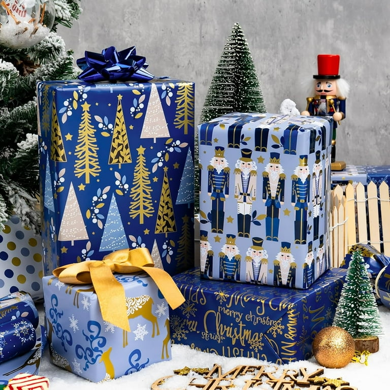 HOMERAL Christmas Wrapping Paper Roll - Deep Blue Gift Wrap with Nutcracker, Christmas Tree, Snowflake, Elk, Polka Dot, "Merry Christmas" - Perfect for Christmas - 17 X 120 Inch(3 Rolls)
