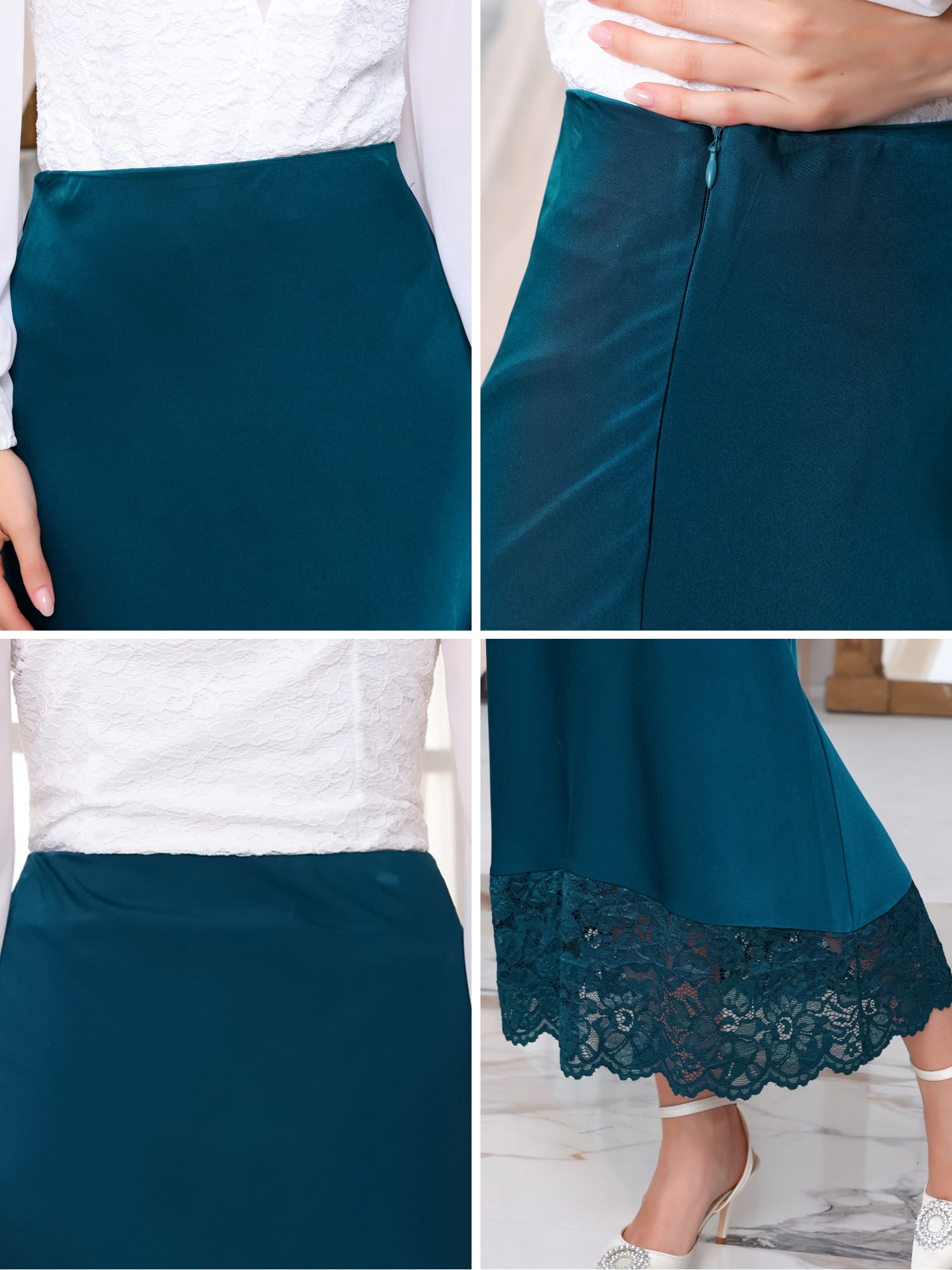DARING DIVA Women's Satin Formal Lace Trim High Waist Maxi Skirts M Blue