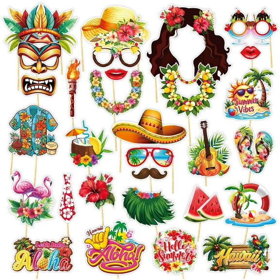 30Pcs Hawaiian Photo Booth Props-Summer Luau Photo Props Tropical/Tiki/Summer Party Decorations for Hawaiian Pool Beach Birthday Wedding Party Supplies