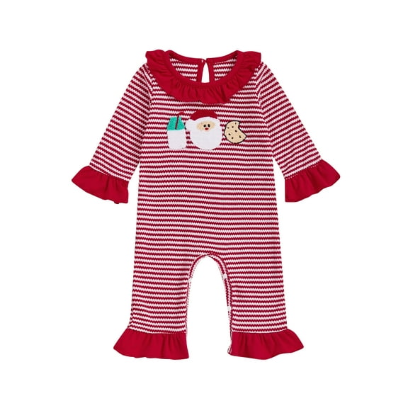 Miaouyo Infant Baby Girl Christmas Fall Romper 0 3 6 12 18 Months Striped Santa Embroidered Ruffle Trim Long Sleeve Bodysuit