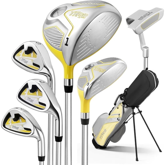 Tivor 6-Piece Junior Golf Club Set Left Handed Complete Golf set for Ages 9-12 (Height 58-64 Inches) with 400CC Driver, Stand Bag & Headcovers,Yellow