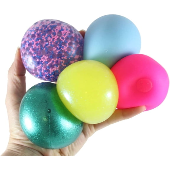 Sampler Pack of 5 Different 2.5" Stress Balls - Confetti, Metallic, Glitter, Doh, Soft - Squishy Gooey Shape-able Squish Sensory Squeeze Balls OT (RANDOM COLORS)