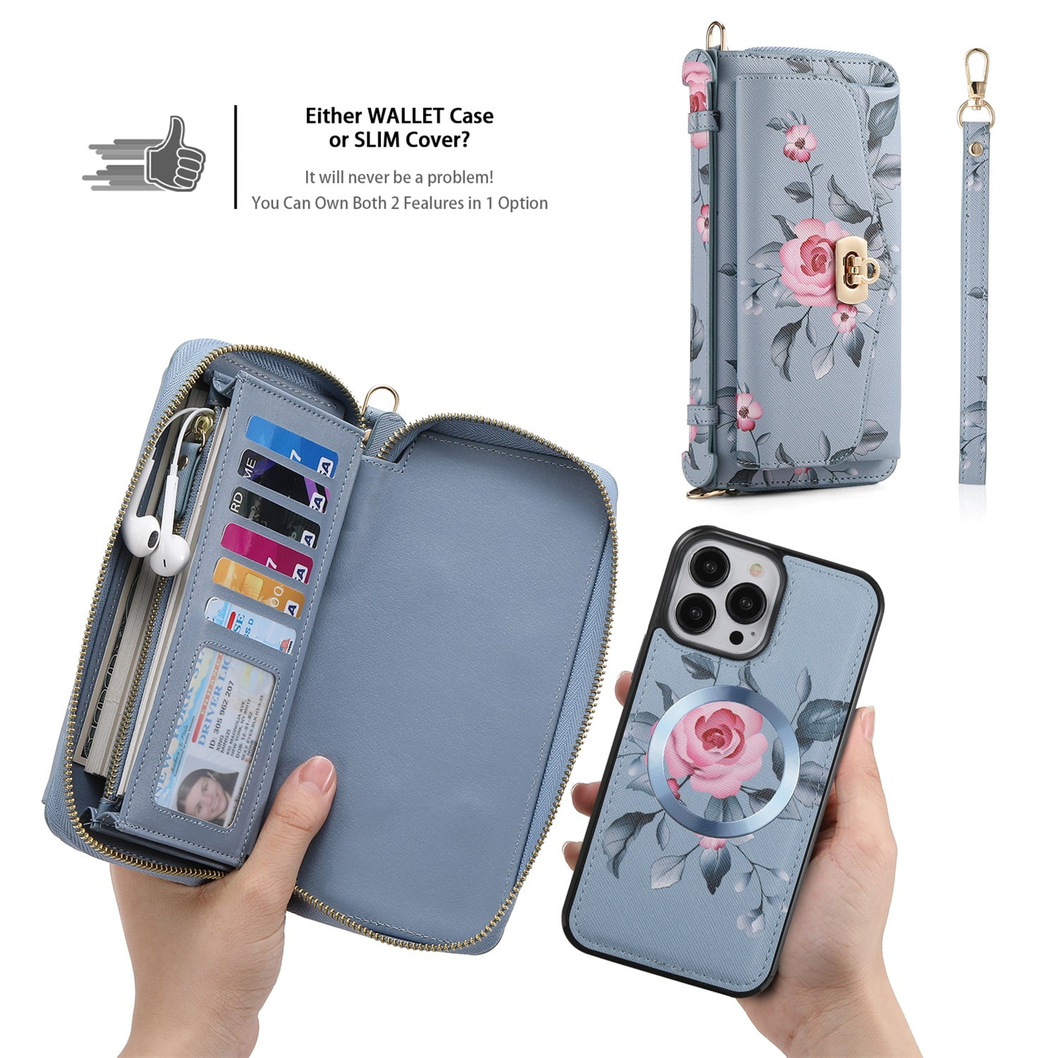 SaniMore Magnetic Detachable Wallet Case for iPhone 13 Pro Max, Flower Pattern RFID Blocking Cover Support Wireless Charging Card Slot Shoulder & Wrist Strap 360° Full Protective Shell, Grey
