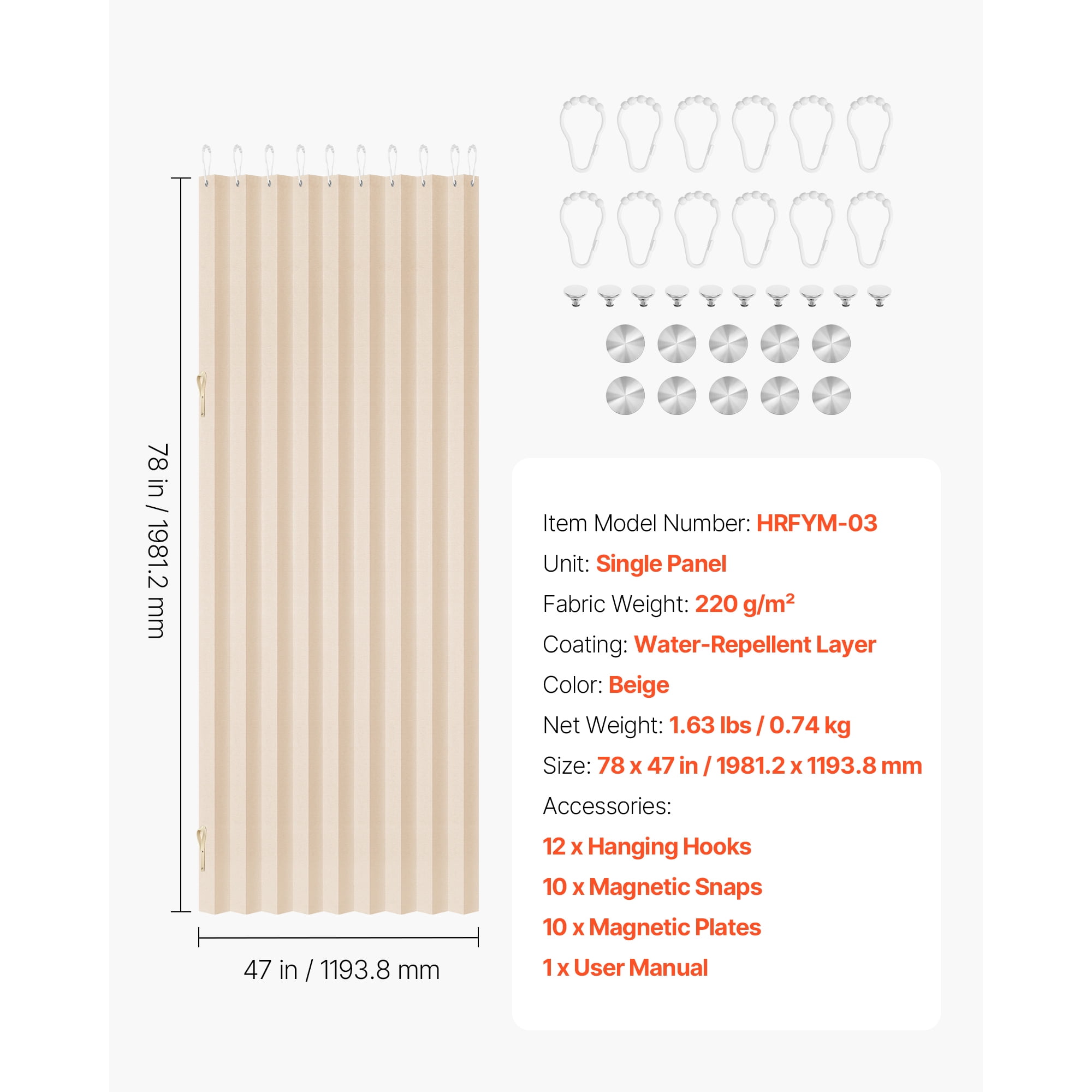 KFFKFF Accordion Door, 47 x 78 inch, Blackout Fabric Folding Magnetic Curtain, with Hanging Hooks, Interior Divider for Doorways, Closets, Bedrooms, Bathrooms, Living Rooms, Beige, 1 Panel