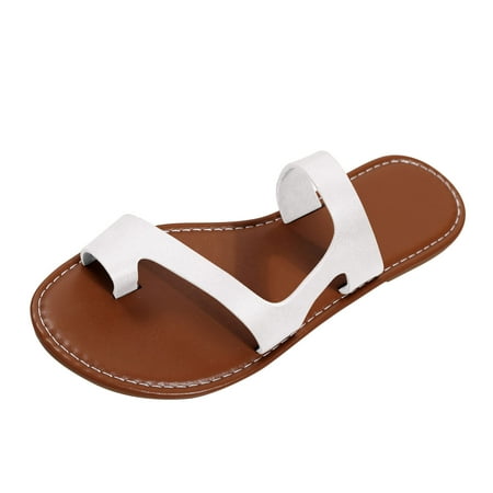 

SEMIMAY Ladies Fashion Summer Solid Color Leather Cover Toe Flat Beach Slippers White