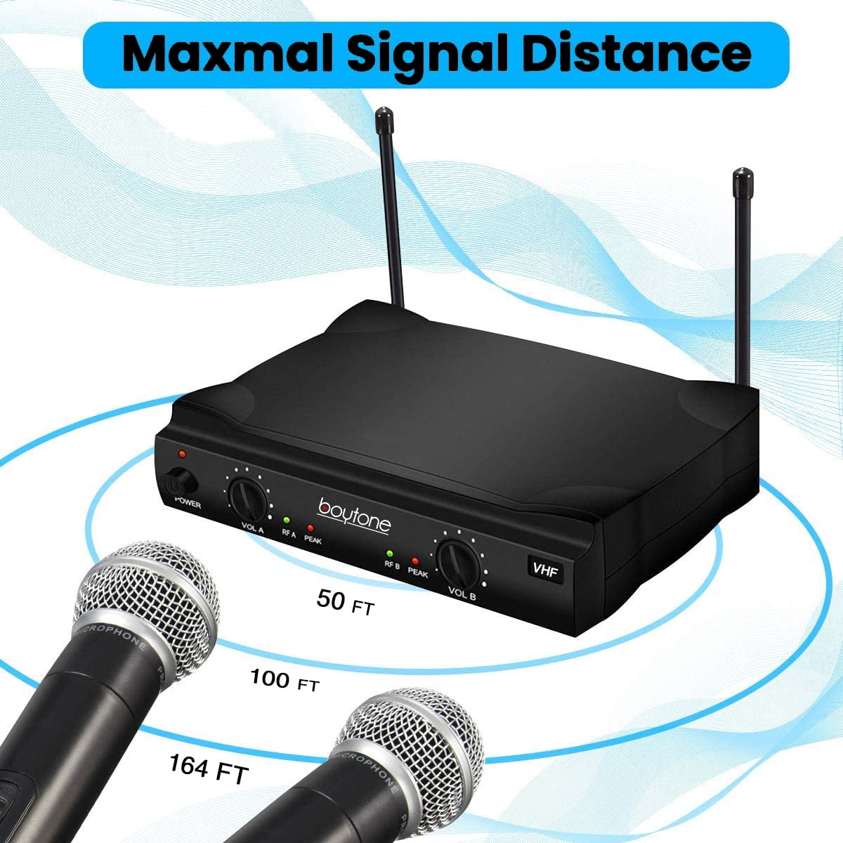 Boytone BT-42VM Dual Channel Wireless Microphone System - VHF Fixed Dual Frequency Wireless Mic Receiver, 2 Handheld Dynamic Transmitter Mics, for Karaoke, DJ, Church, Conference, Carrying Cases