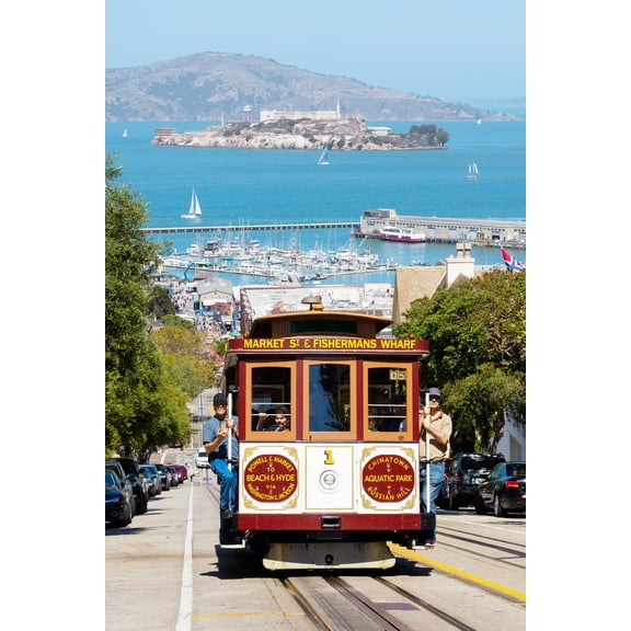 24x36 gallery poster, cable car ascending Hyde St, with Alcatraz on the bay behind, San Francisco
