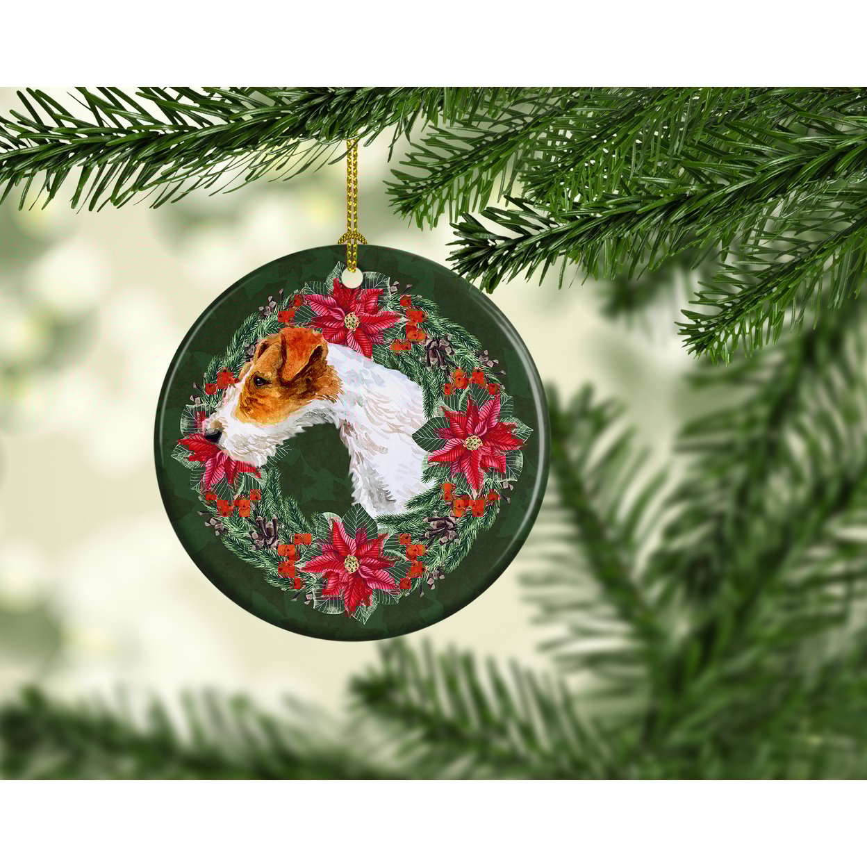 thumbnail image 2 of Fox Terrier Poinsetta Wreath Ceramic Ornament 2.8 in x 2.8 in, 2 of 3