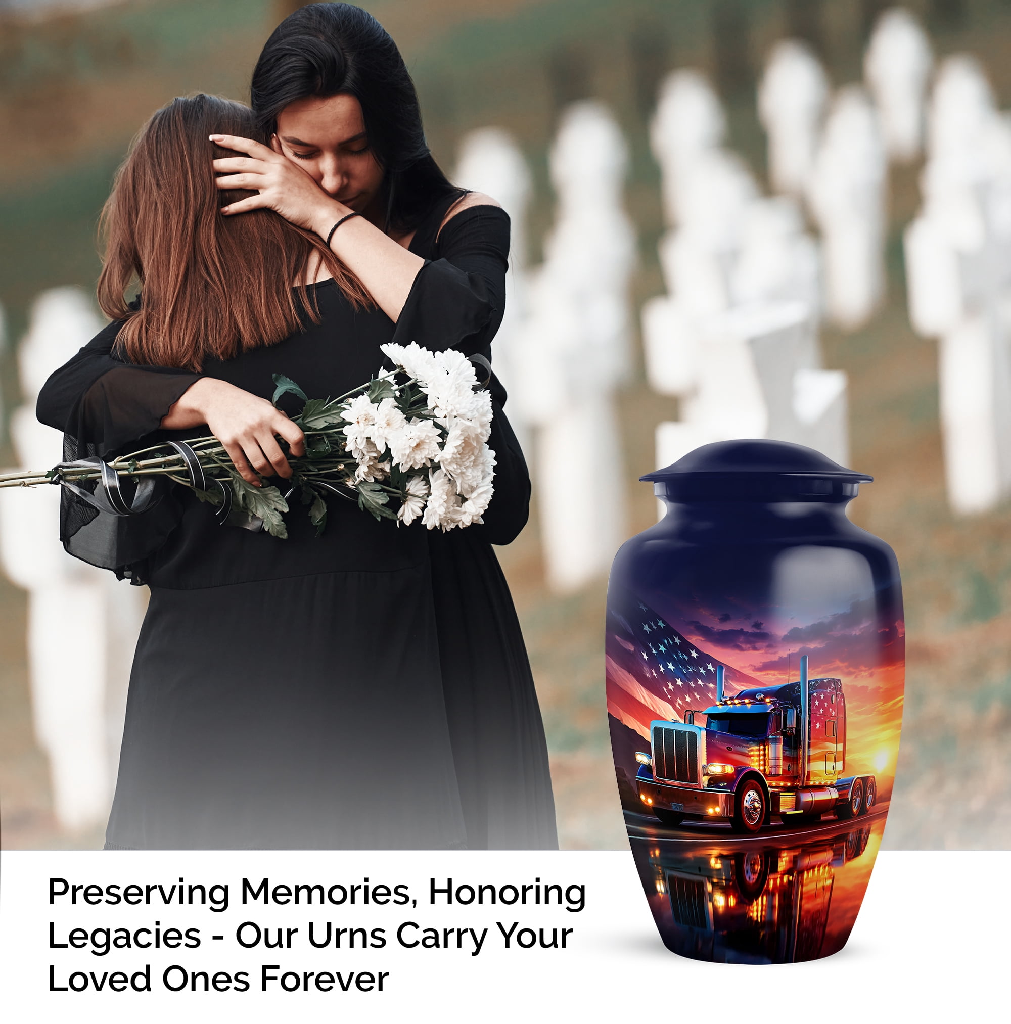 American Flag Sunset Truck Urns, Keepsake Mini Urn For Ashes Adult Male , Cremation Urn For Human Ashes, Funeral Memorial Urn For Ash (Size 10 Inch 1 Pcs & Size 3 Inch, 2 Pcs)