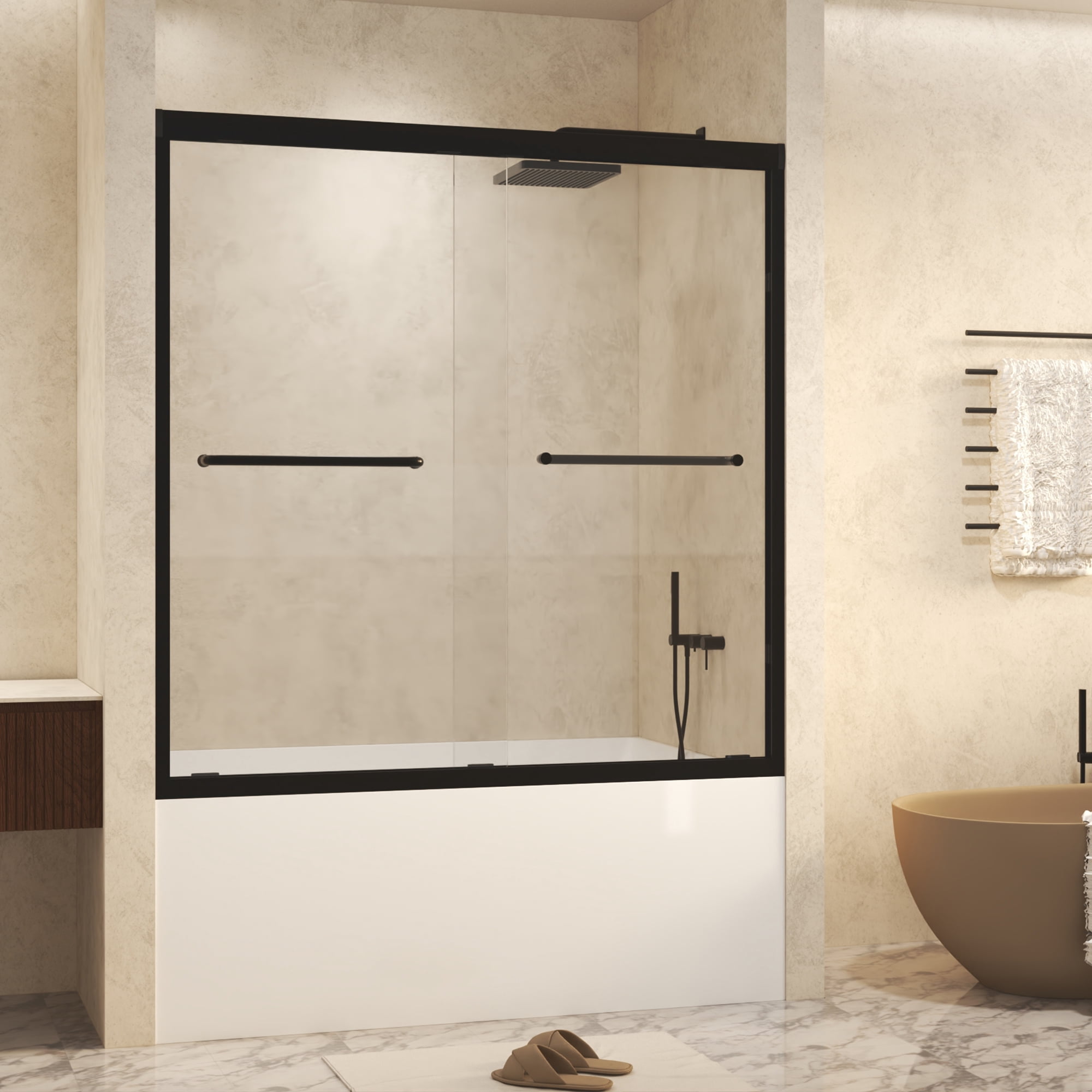 Aukfa 56-60" W x 70" H Double Sliding Shower Door, Aluminum Frame Explosion Proof Film,1/4", Matte Black
