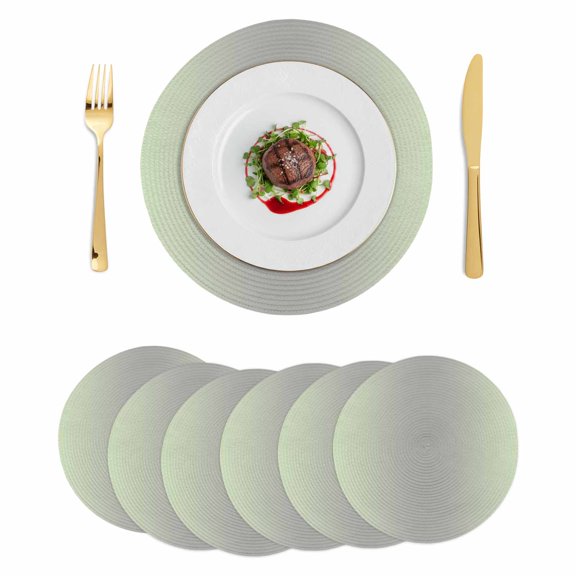 Light Green Grey Ombre Round 15 Inch Placemats Set of 6, Modern Gradient Abstract Art HeatResistant Non Slip Place Mats for Dining Table, Wipeable Braided Kitchen Table Mats for Housewarming