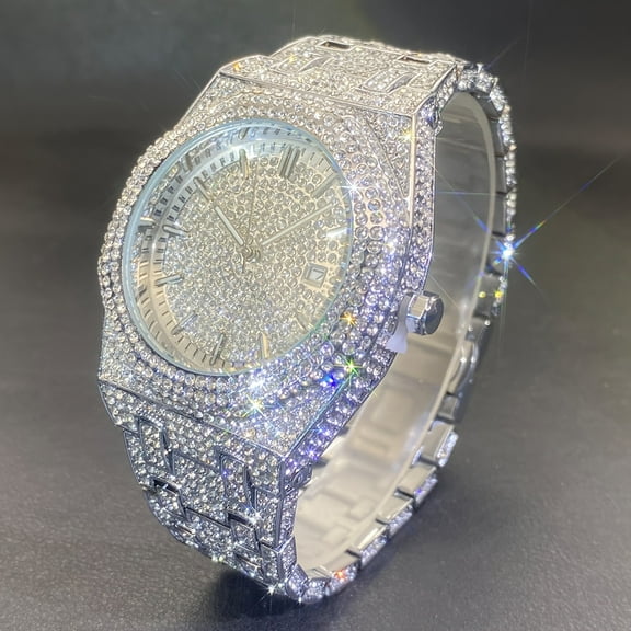 Men's and women's quartz watches - Hip-hop Cuban chain design, luminous blue dial with water diamond embellishment, alloy strap, shiny bezel and surface, perfect for parties
