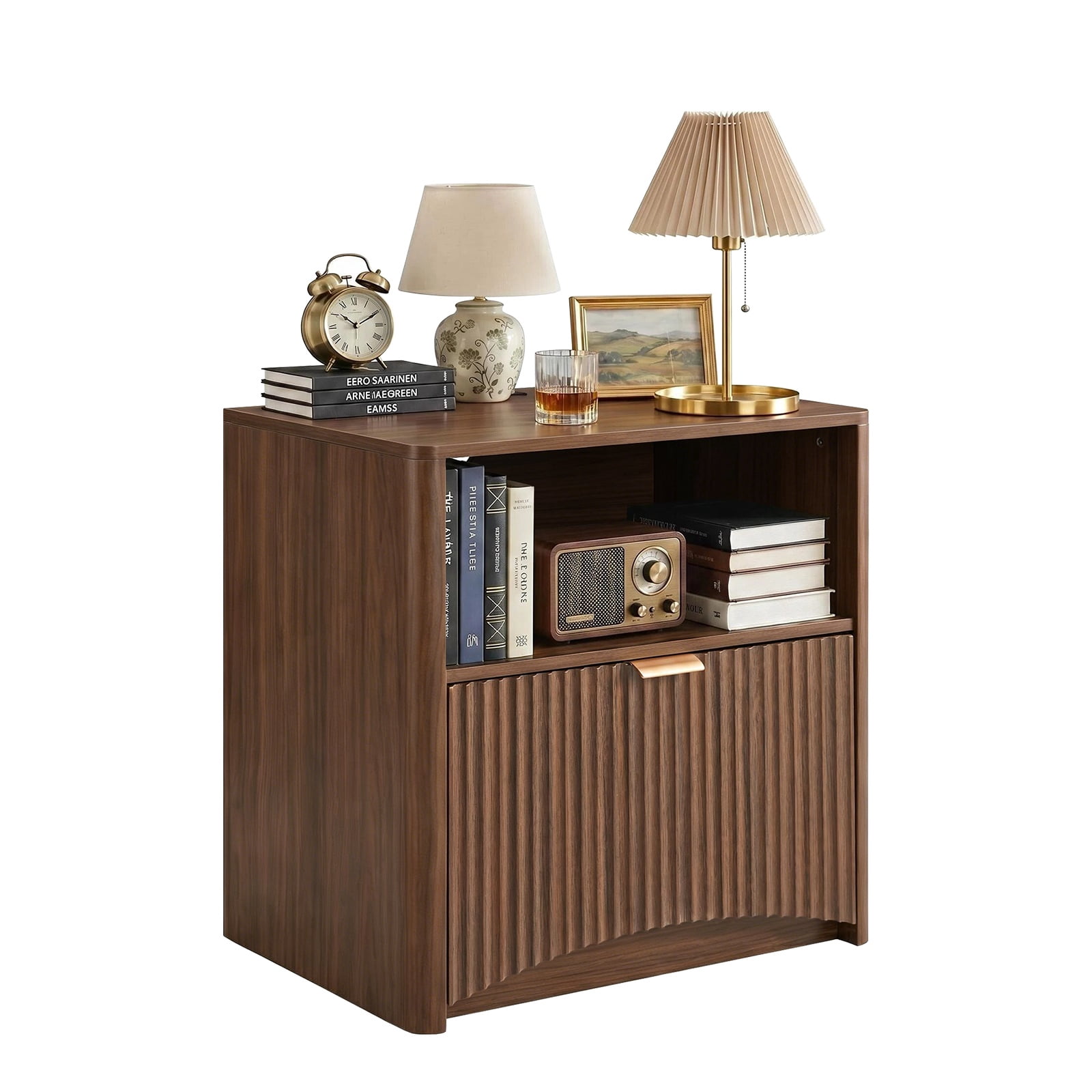 Hommoo Mid Century Modern Nightstands Set of 2 with Built-in Charging Station, Wood-Grain Bedside Tables with Drawer & Open Shelf, USB/AC/Type-C Ports, Walnut